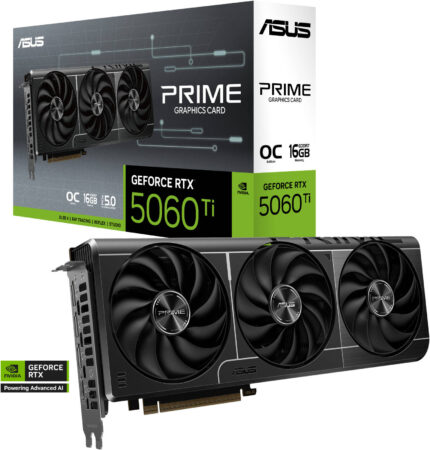 ASUS PRIME GeForce RTX 5060 Ti 16GB GDDR7 OC Edition Graphics Card, 16GB GDDR7 128-Bit Memory, 2617 MHz Boost Clock, 28 Gbps Memory Speed, 4608 CUDA Cores, PCI Express 5.0 | 90YV0MH2-M0NA00